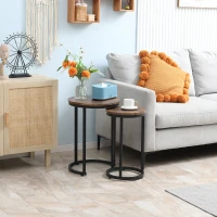 HOMCOM Round Nesting Tables Set of 2 Industrial Stackable Side Tables with Rustic Wood Grain Metal Frame for Living Room Brown(m-2)