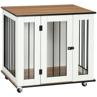 PawHut Dog Crate Furniture, Dog Cage End Table, with Wheels, for Medium Dogs, 80 x 60 x 76.5cm  - White(m-1)