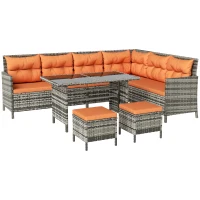Outsunny 7-Seater Patio wicker Sofa Set Rattan Chair Furniture w/ Glass & Cushioned, Orange(m-1)