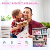 HOMCOM Casa delle Bambole in Legno a 3 Piani con Ascensore e Accessori, per Bambini 3-6 Anni, 60x30x80 cm, Rosa(m-8)