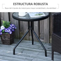 Outsunny Mesa de Jardín Redonda Mesa de Café Exterior con Tablero de Cristal Decorativo y Marco de Metal para Patio Terraza Balcón Ø50x55 cm Negro(m-5)