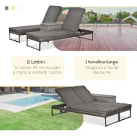 Outsunny 3pz Componibile 2 Lettini Prendisole (60 x 195 x 86cm) 1 Tavolino (121 x 40 x 50cm) Rattan con Materassini Grigio(m-4)