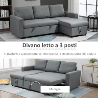 HOMCOM Divano Letto 3 Posti e Penisola con Contenitore, Rivestimento Tessuto Effetto Lino, 211.5x146x85cm(m-5)