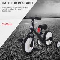 HOMCOM Vélo Enfant draisienne 2 en 1 roulettes et pédales Amovibles Roues 12" Hauteur Selle réglable pour enfants de 2 à 5 ans Acier Noir(m-4)