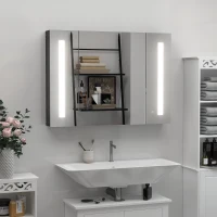 kleankin LED Bathroom Cabinet with Mirror, Wall Mounted Dimmable Brightness Storage Organiser with 3 Mirrored Doors and Adjustable Shelves, Memory Function, USB Charge, High Gloss Black(m-2)