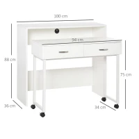 HOMCOM Tavolo Scrivania Salvaspazio per Camera e Ufficio, Scrivania con Cassetti e Ruote, Postazione di Lavoro Doppia o Singola, 100x36x88cm, Bianco(m-3)