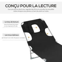 Outsunny Chaise longue pliante avec appui-tête à trou pour la lecture et dossier Inclinable en tissu Oxford noir(m-4)