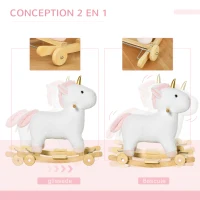HOMCOM Cheval à bascule enfant en bois avec roues utilisation 2 en 1 pour petits enfants effet sonore 63 x 38 x 63 cm blanc(m-4)