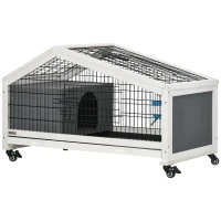 PawHut Rabbit Hutch, Wheeled Rabbit Cage w/ Water Bottle, Plastic Slide-Out Tray - Grey(m-1)