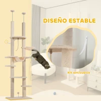 PawHut Árbol para Gatos de Suelo a Techo 225-255 cm con Hamacas Plataformas Juguete de Cuerda Bola de Juguete Beige y Gris(m-5)