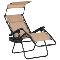Outsunny Chaise Longue Pliable de Jardin Bain de Soleil zéro gravité Pare-Soleil et Dossier réglable Plateau Porte gobelet Accessoires Metal textilène Beige(m-10)