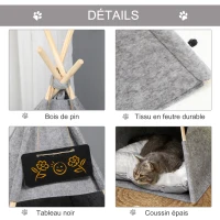 PawHut Tente tipi pour Animaux - Teepee Chat ou Chien - Coussin épais Grand Confort Inclus - Structure Bois de pin Feutre Peluche PV Gris(m-4)