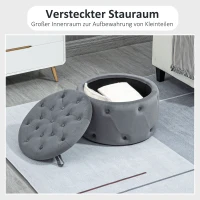 HOMCOM Hocker, rund, mit Staufach, Steppdesign mit Knöpfen, Bezug in Samtoptik, grau, 60 x 60 x 40cm(m-4)