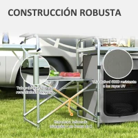 Outsunny Mueble de Cocina para Camping Plegable con Mesas Estantes y Bolsa de Transporte 144x48x119 cm Plata y Gris Claro(m-7)