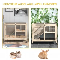 PawHut Cage à lapin clapier sur roulettes petit enclos animaux en bois massif 2 étages toit ouvrant plates-formes 91,5 x 53,3 x 73 cm bois naturel(m-8)