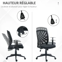 HOMCOM Fauteuil de bureau avec accoudoirs hauteur réglable pivotante 360 ° roulettes revêtement maille, noir(m-4)