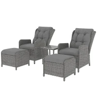 Outsunny 5 Pieces Rattan Bistro Set with Adjustable Back, Reclining Wicker Balcony Furniture with Cushions, Glass Top Coffee Table and Footstools, Outdoor Table and Chairs, Light Grey(m-11)