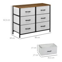 HOMCOM Kommode Sideboard, 6 Schubladen, Stoffschubladen, 80 cm x 30 cm x 62,5 cm, Braun + Schwarz + Grau(m-3)