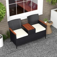 Outsunny Two-Seat Rattan Loveseat, with Wood-Top Middle Table - Black(m-7)