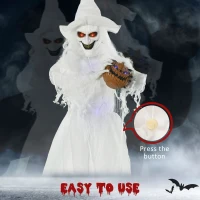 Outsunny 74 Inch Halloween Decorations White Witch Holding Pumpkin Head, Standing Skeleton Ghost Prop Life Size with Light Up Eyes and Body(m-5)