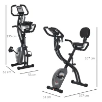 HOMCOM Cyclette Pieghevole con Schienale, Bande Elastiche e 8 Livelli di Resistenza Regolabile, Cyclette da Casa Silenziosa con Display LCD, Sensore di Frequenza Cardiaca, Porta Cellulare e Ruote(m-3)