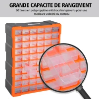 HOMCOM Casier de rangement module de rangement 38L x 16l x 48H cm 60 tiroirs transparents polypropylène orange transparent noir(m-6)