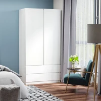 HOMCOM Armadio Guardaroba in Truciolato Bianco con Appendiabiti e 2 Cassetti Scorrevoli per Camere da Letto, 100x60x200 cm(m-4)