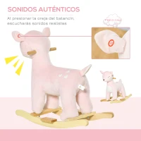 HOMCOM Caballito Balancín Forma de Ciervo para Niños de +3 Años Balancín Mecedora de Felpa con Sonidos y Base de Madera 68x35,5x64 cm Rosa(m-4)