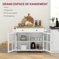 HOMCOM Desserte ilot de cuisine multi-rangements tiroir placards étagère, 115,5L x 46,2l x 86,5H cm, bois d'hévéa blanc(m-4)