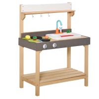 Outsunny Matschküche mit Wasserhahn Kinderküche mit Zubehör 14-Teilige Spielküche Spielzeugküche Holz Kunststoff Natur+Grau+Weiß 75 x 40 x 100 cm(m-1)