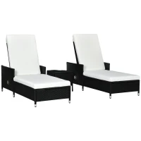 Outsunny 3-Pieces PE Rattan Sun Lounger, Patio Chaise Lounge Chair Set with Adjustable Backrest, Soft Cushions, Glass Top Coffee Table, Cream White(m-1)