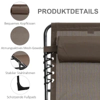 Outsunny Liegestuhl, Zusammenklappbare Liege mit Nackenkissen, Stahlrahmen, Netzstoffbezug, 120 kg Belastbarkeit, Braun(m-5)