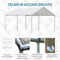 Outsunny Tendone per Auto in Acciaio Zincato con Kit di Ancoraggio, 5.95x2.94x2.6m - Bianco(m-4)