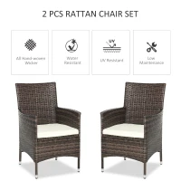 Outsunny 2 PC Outdoor Rattan Armchair Dining Chair Garden Patio Furniture w/ Armrests Cushions Mixed Brown(m-4)