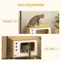 PawHut Cama Cueva para Gatos Estilo Televisor con Cojín Lavable y Bola de Juguete 50x28x43 cm Roble(m-6)
