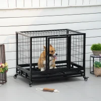 PawHut Cage pour chien animaux cage de transport sur roulettes 2 portes verrouillables plateau amovible 92 x 62 x 75 cm noir(m-2)
