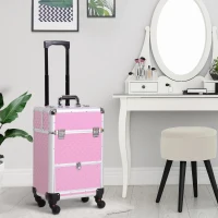 HOMCOM Valise trolley maquillage mallette cosmétique vanity poignée télescopique réglable 34L x 25l x 62H cm alu. rose(m-2)