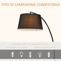 HOMCOM Lampada da Terra ad Arco con Paralume in Tessuto e Interruttore a Pedale, Ø47x105x190cm, Nera(m-6)
