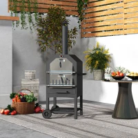 Outsunny 2-in-1 Outdoor Pizzaofen, mit Pizzastein, Aschefach, 2x Grillrost, Thermometer, rostfrei, Schwarz(m-2)