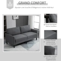 HOMCOM Canapé 3 Places Style Contemporain assises Larges Profondes accoudoirs courbés piètement effilé Bois hévéa Noir Polyester Gris foncé(m-5)