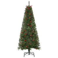 HOMCOM 5ft Pencil Artificial Christmas Tree with Realistic Branches, Red Berries, Auto Open, Green(m-11)