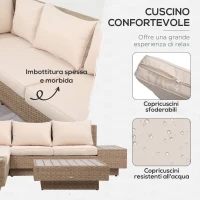 Outsunny Set da Giardino 4 Pezzi in Rattan, Divano Angolare con Cuscini e Tavolini, Nero e Marrone chiaro(m-7)