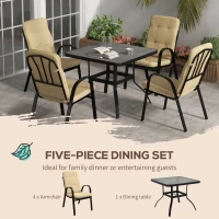 Outsunny 5 Pieces Outdoor Square Garden Dining Set w/ Tempered Glass Dining Table 4 Cushioned Armchairs, Umbrella Hole, Beige(m-6)