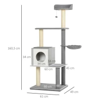 PawHut Katzenbaum mit Kratzbaum, Kletterbaum für Katzen Plüsch-Sitzmulden mit Höhle und Liegeflächen, Vierstöckig Grau&Weiß, 61x49x160,5 cm(m-3)