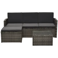 Outsunny 3 Pieces Outdoor PE Rattan Corner Sofa Set with Thick Cushions, Patio Rattan Garden Furniture with Glass Top Coffee Table and Footstool, Grey(m-11)