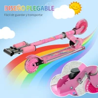 HOMCOM Patinete Infantil Plegable con Luces Música Altura Ajustable Ruedas Brillantes Pedal LED Carga 50kg 67x32x65-78cm Rosa(m-6)