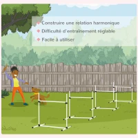 PawHut Agility pour chiens, kit agility chien parcours, set de 4 obstacles professionnels hauteur réglable, système de maintien au sol sac transport parfait pour jeux intéressants, entraînement, blanc(m-6)