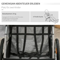 HOMCOM 2-in-1 Kinderanhänger, inkl Fahne und Reflektoren, für 2 Kinder, grau+schwarz(m-5)