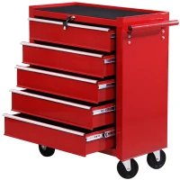 HOMCOM 5 Drawer Tool Box on Wheels, Lockable Steel Tool Cabinet with Side Handle, Red(m-11)