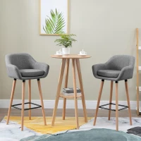 HOMCOM Set of 2 Bar Stools Modern Upholstered Seat Bar Chairs w/ Metal Frame, Solid Wood Legs Living Room Dining Room Fabric Furniture - Grey(m-2)